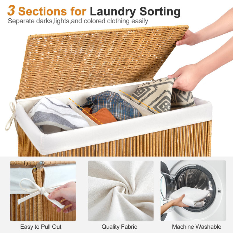 Natural Wicker Rolling Laundry Hamper with Removable Liner Bags