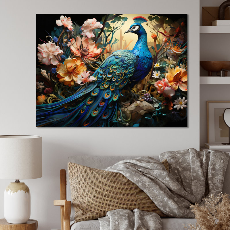 Teal Peacock Parade I - Peacock, reproduction d'art encadrée, Toile tendue, H 16 po x l 32 po x P 1 po
