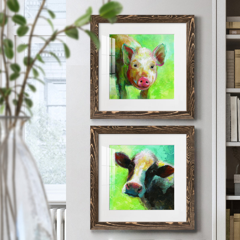 Cochon coloré et coloré - ensemble de 2 cadres photo, H 20 po x l 40 po x P 1,5 po, Cadre noyer