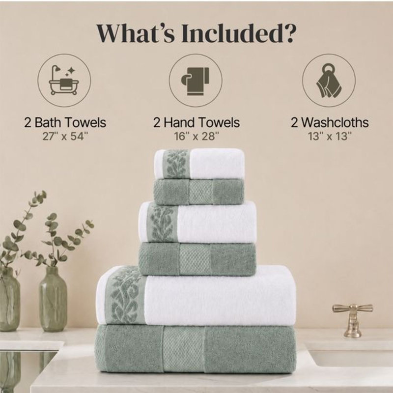 Modern Threads 600 GSM 6-Piece Towel Set with Filgree Jacquard Border, Silver Sage