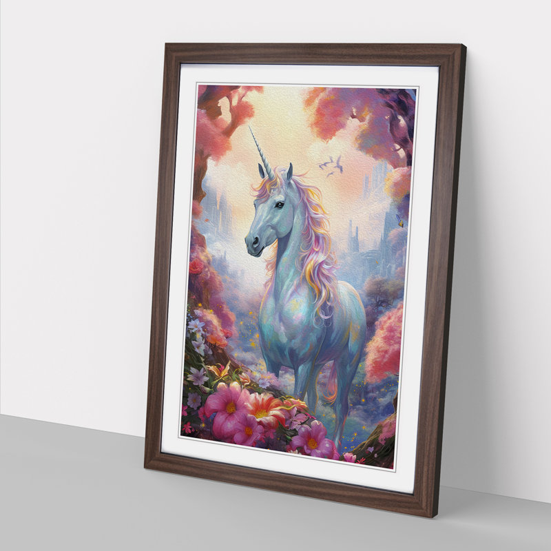 Unicorn Tachisme - Single Picture Frame Print on Wood, Walnut Framed, 34cm H x 25cm W