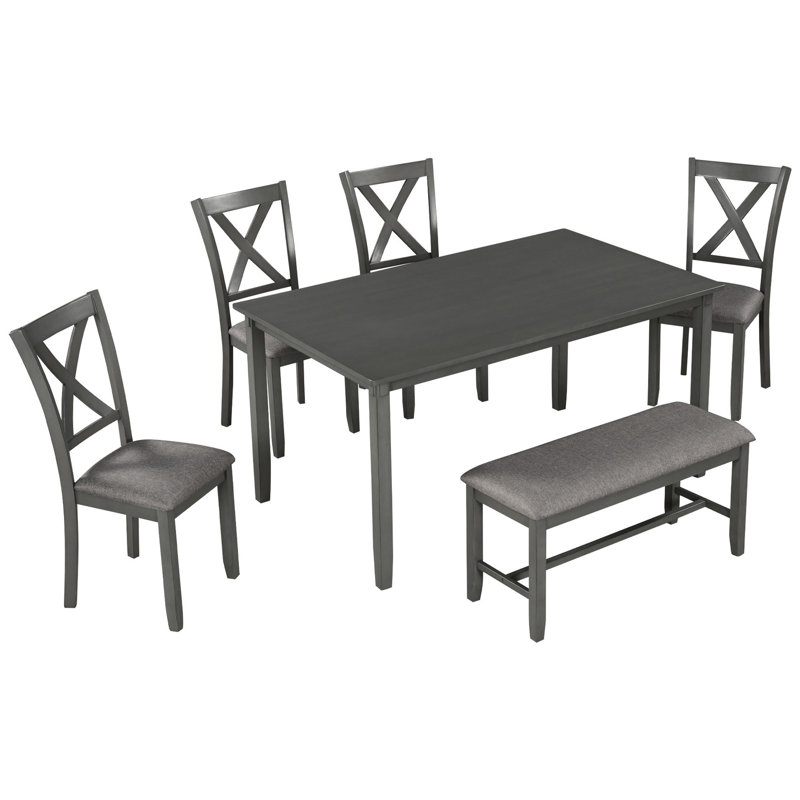 Table de salle à manger rectangulaire 6 places, table en bois, 4 chaises et banc, pour table familiale