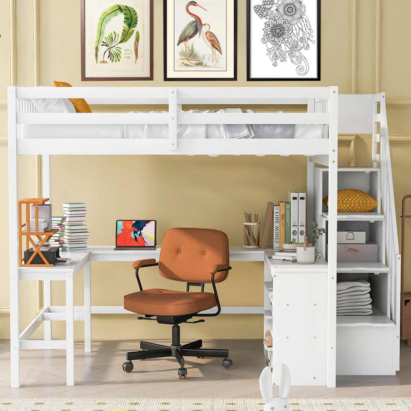 Lit mezzanine double avec bureau intégré en forme de L et tablettes de rangement à trois niveaux pour les enfants, Blanc