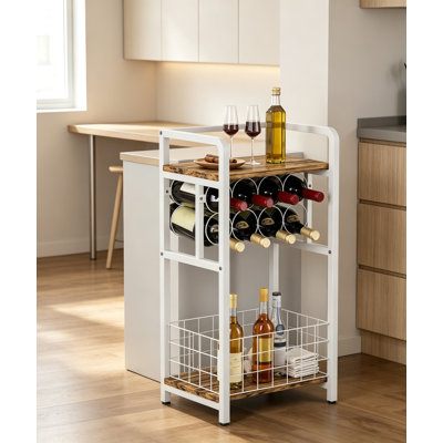 Étagère à vin à trois niveaux avec plateau en bois, support à boissons alcoolisées avec porte-bouteilles de vin, table de bar à vin d'angle pour les petits espaces, tablette à whisky en métal pour la cuisine, la cave, le salon, blanc
