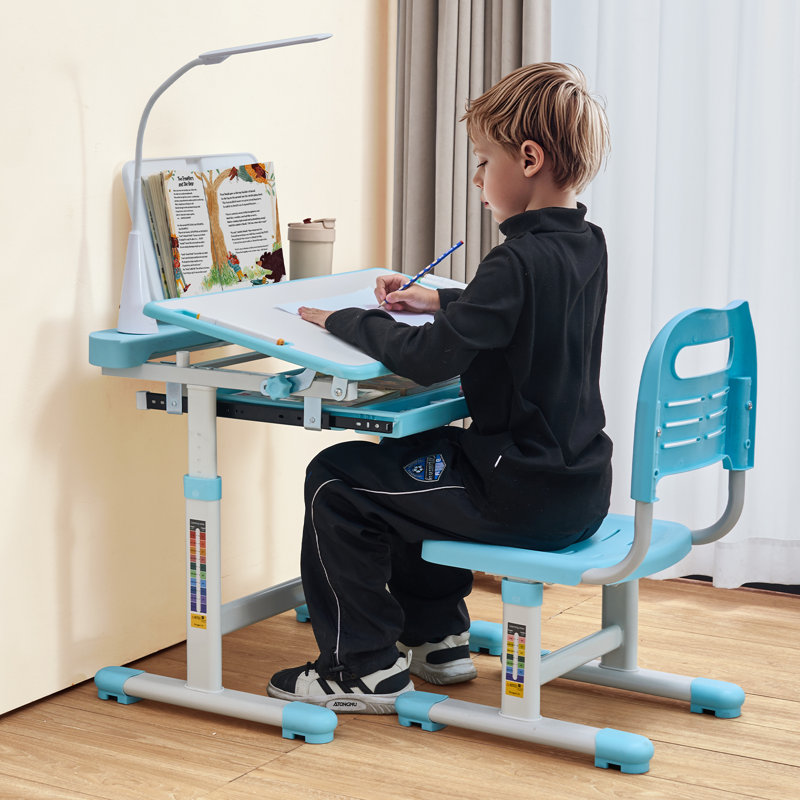 Kids Chair and Desk Set Table Lamp Adjustable Height & Tilted Desktop , Blue