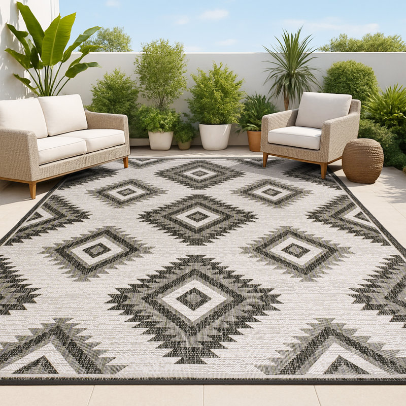 Tapis intérieur / extérieur noir / crème Caherty, Rectangle 2 pi 11 po x 4 pi 11 po