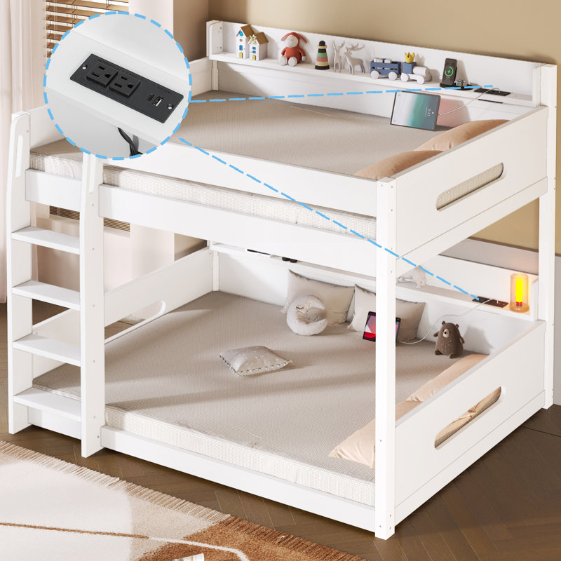  Lit superposé grand sur grand avec tablettes de rangement et ports USB, blanc, Blanc