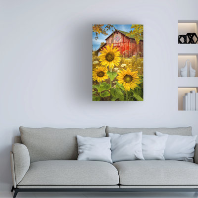 «Golden Sunflowers Red Barn» par Celebrate Life Gallery - peinture sur toile tendue