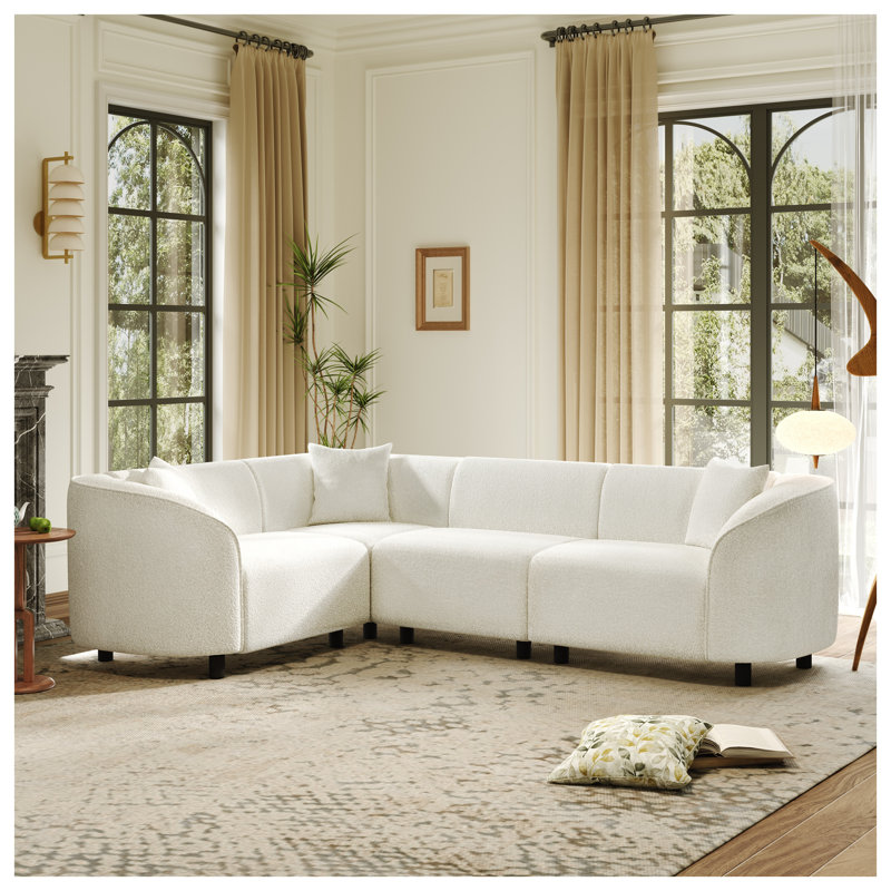 Canapé modulaire incurvé en forme de L 104 po - Tissu beige bouclé, canapé de luxe moderne à 4 places avec design sculptural pour le salon