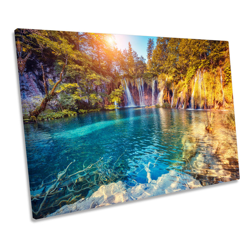 Sunset Waterfall Lake - Wrapped Canvas Print, 81.3cm H x 121.9cm W x 4cm D