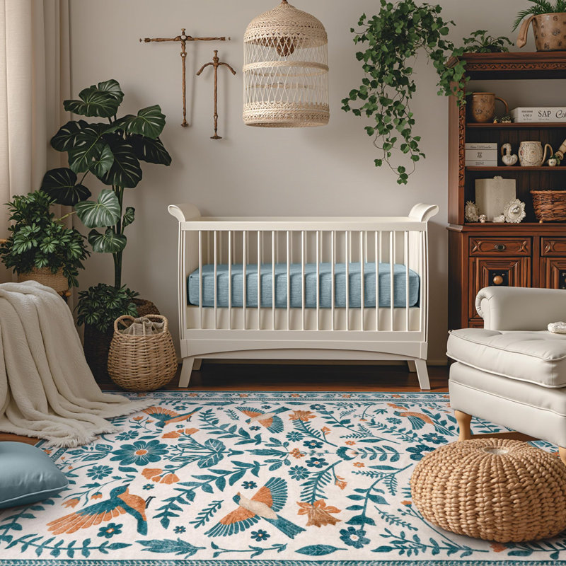 Tapis à motif floral antidérapant Boho, Rectangle 5 pi x 7 pi