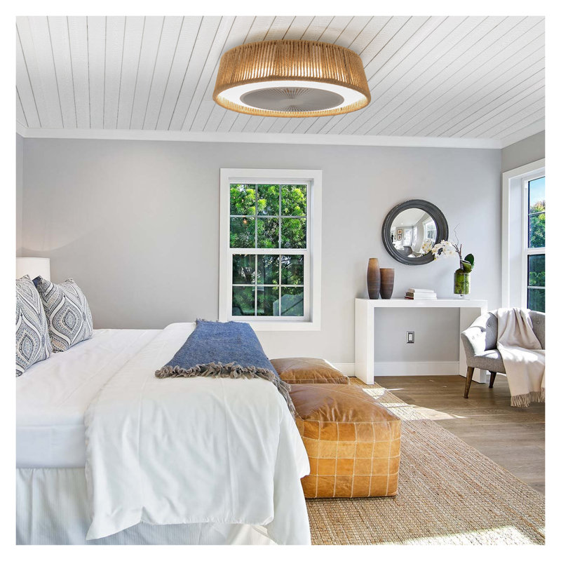 21 Inch Bohemian Braided Ceiling Fan Light with Silent Remote Control, Adjustable Color Temperature - Modern White Iron Ceiling Fan for Bedroom Living Room