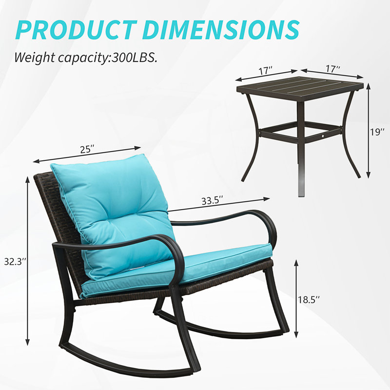 Ensemble de conversation de terrasse en métal pour 2 personnes avec coussins, Bleu