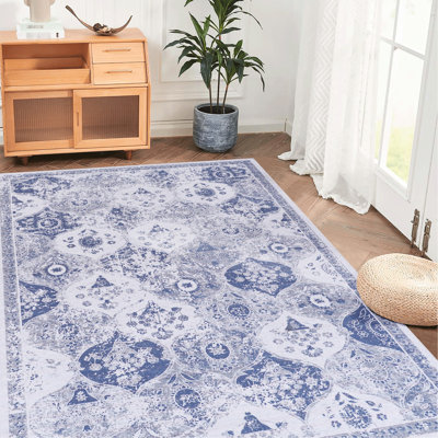 Tapis bleu 4 x 6, lavable à la machine, antidérapant et pour animaux de compagnie pour la cuisine, le salon, la chambre à coucher, la salle à manger - tapis lavable en chenille 4 x 6, à poils courts, teinté