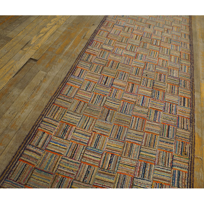 Wool Multicolor Antique American Folk Art Hooked Hallway Runner Rug