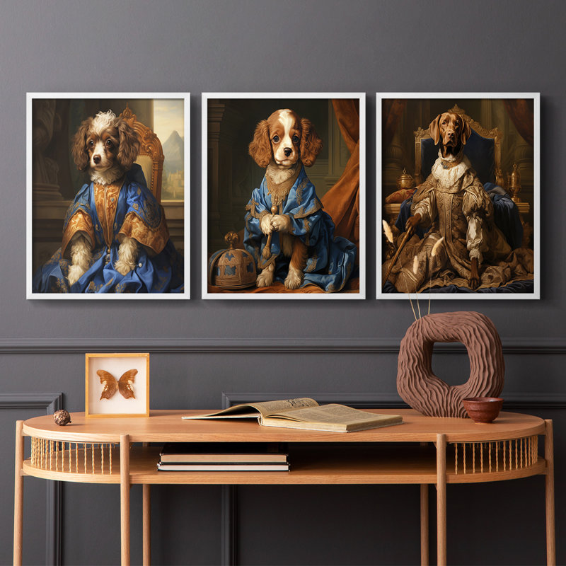 Série royale d'animaux LIX - ensemble de 3 estampes numériques encadrées - prêt à être accroché, Blanc, H 14 po x l 11 po