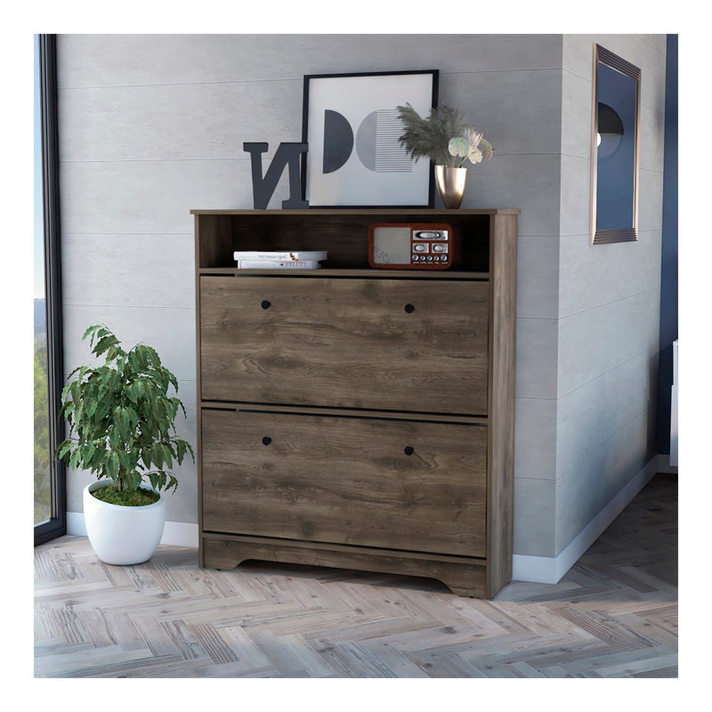 Shoe Rack Dublin, One Open Shelf, Two Extendable Cabinets, Dark Brown