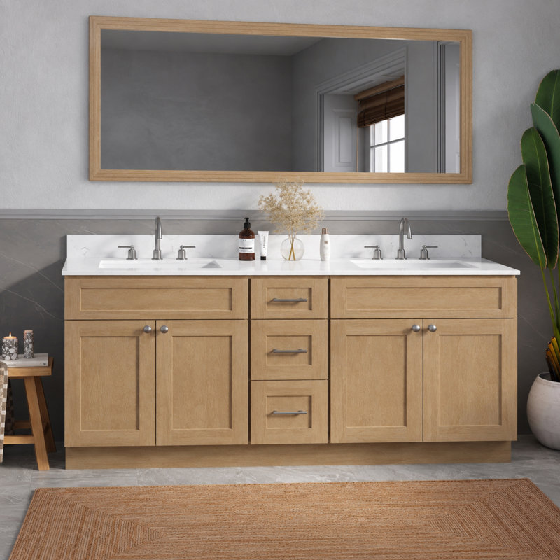 Meuble-lavabo double autoportant 84 po avec comptoir en quartz de Carrare 84 po, 3 tiroirs, Natural Oak