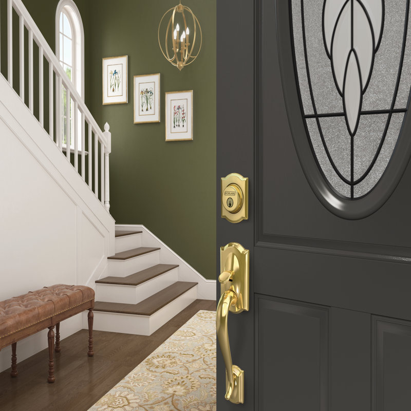 Camelot Handleset with Deadbolt and Flair Door Lever and Rosette, Bright Brass, Left Hand