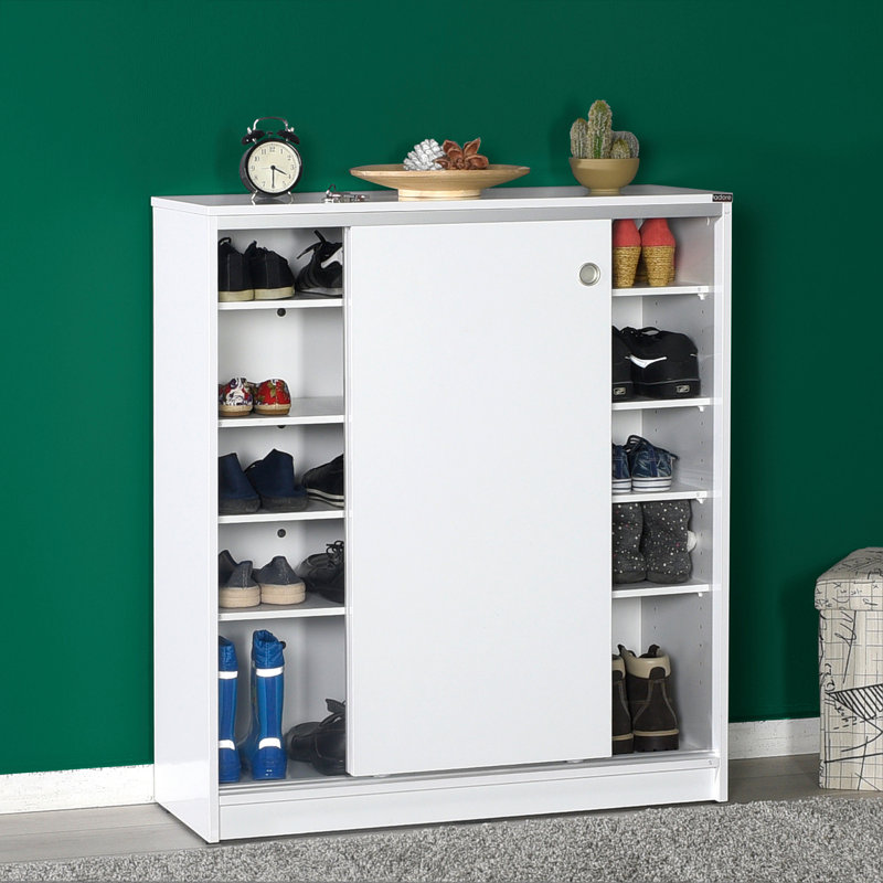 Stylish Shoe Cabinet, White, 35.8 x 41.3 x 14.6 inches | 100% Melamine Coated Particle Board, Thickness: 0.6 inches | Features Numerous Shelves, Wall-Mountable Design | Modern Solid Color for Entryway & Hallway Storage