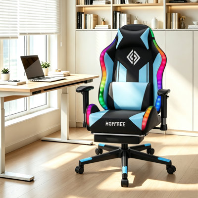 HOFFREE Fauteuil de jeu à DEL ergonomique en cuir et PVC avec repose-pieds et support lombaire