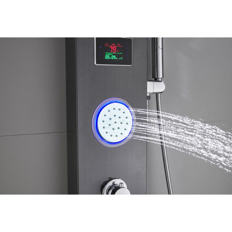Système de panneau de tour de douche à inverseur 4 voies avec pomme de douche à pluie et brume à DEL, noir brossé