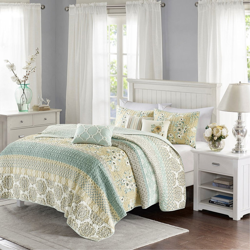 Ensemble de courtepointe en satin de coton 6 pièces avec motifs floraux et géométriques réversibles, double / grand, avec coussins décoratifs