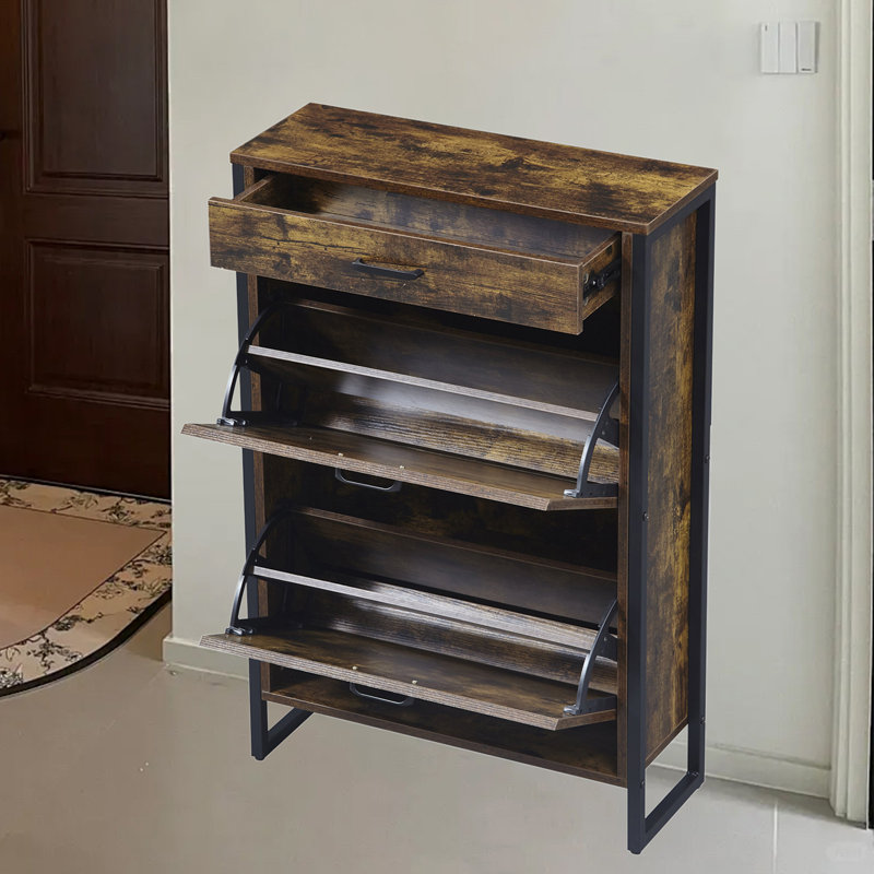 Armoire à chaussures mince avec 2 tiroirs rabattables et 1 tiroir, Brun rustique