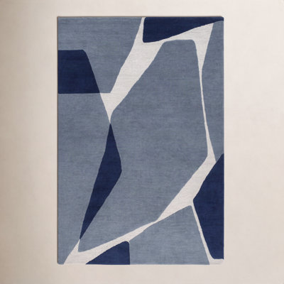Light Blue Navy Hand-Tufted Abstract Wool Rug