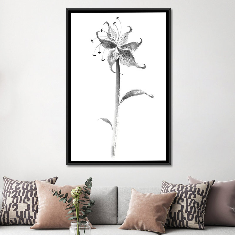" Ink Tiger Lily " by Nan Rae, 26" H x 18" W x 1.5" D, Black Framed Canvas, No Mat