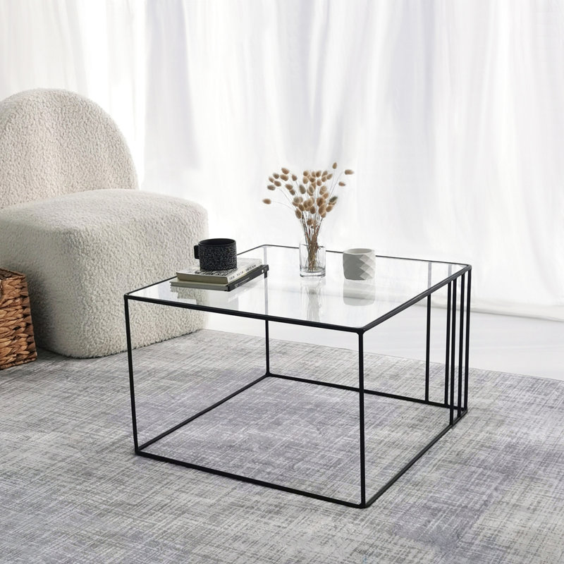 Modern Black Coffee Table with 100% Tempered Glass Top, 21.7 x 14.2 x 21.7 inches | Sturdy 100% Metal Frame, Electrostatic Powder & Oven Coating | Industrial Design, Perfect for Living Room & Contemporary Spaces