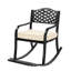 Chaise berçante en fer noir avec dossier floral et coussin blanc cassé
