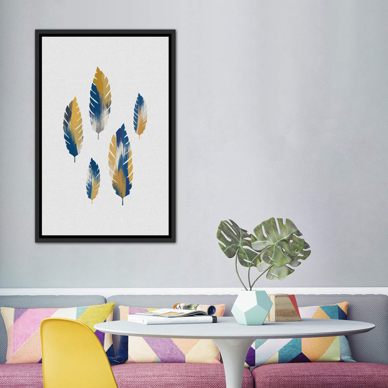 " Leaves Blue & Yellow ", Distressed Black Framed Canvas, 60" H x 40" W x 1.5" D