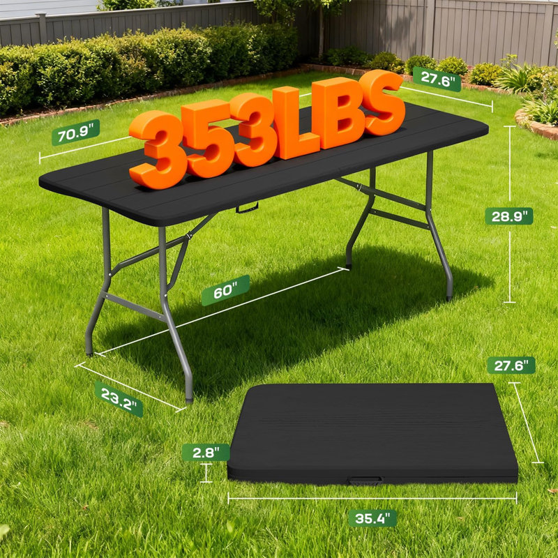Table de pique-nique portative en plastique pliable de 72 pouces avec pieds en acier thermolaqué et poignée de transport