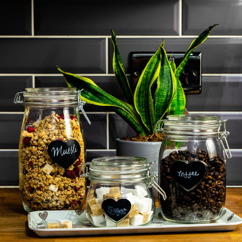 Nicola Spring - Heart Glass Storage Jars with Labels - 1 Litre, Clear/White