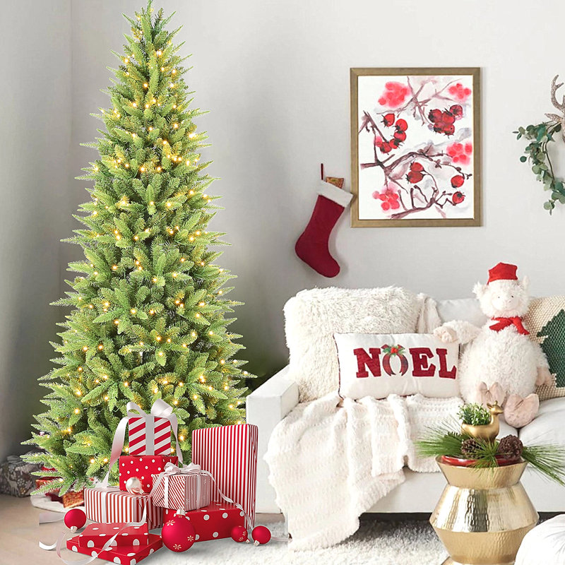 Arbre de Noël mince avec 150 lumières DEL blanc chaud - 424 pointes PE + PVC, 76'