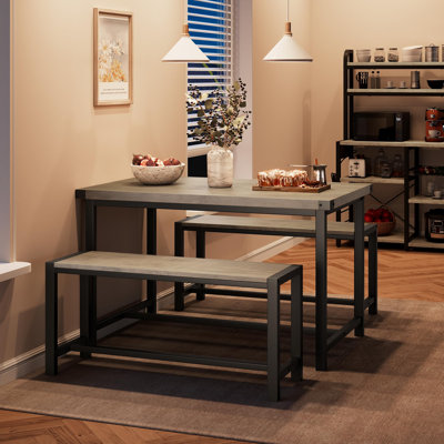 Ensemble de table de cuisine 3 pièces noir avec 2 larges bancs - base en H, surface imperméable, ensemble repas compact pour 4 personnes, peu encombrant pour les petits espaces