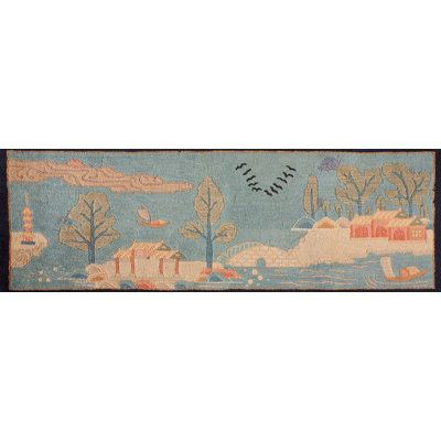 Tapis bleu antique en laine Art Deco