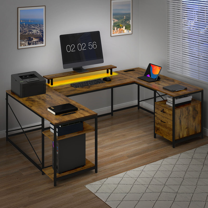  U-Shaped Desk With Power Outlets & LED Lights, Reversible Computer Desk With Storage Drawers & Shelves, Brown/Black