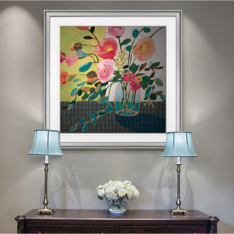 « excentrique bouquet ii », peinture, H 28 po x l 28 po x P 1,5 po, Encadrement argenté