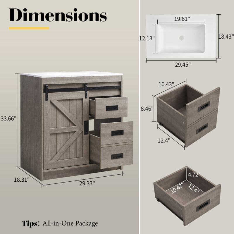 29.33 " W Freestanding Standard Free Standing 1 Single Vanity Bathroom Vanity With Top, Gray