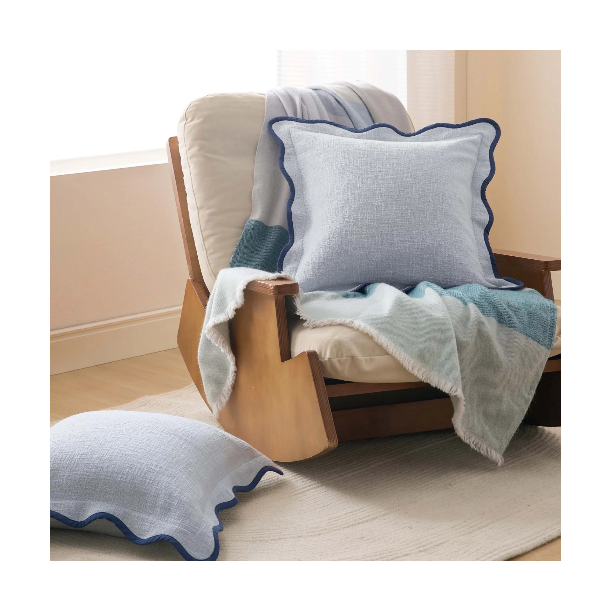 Double Stitch Scalloped Cotton Throw Pillow , Arctic Blue