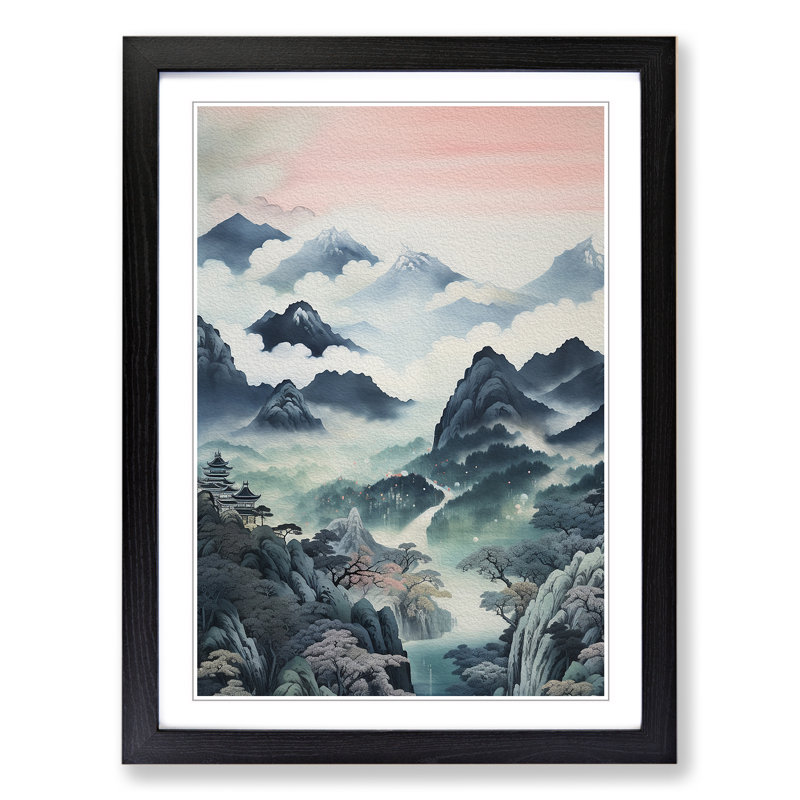 Japanese Mountains Contemporary - Framed Print, 64cm H x 46cm W x 2cm D, Black 