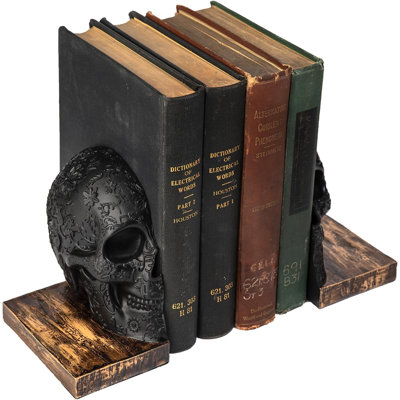Skull Book Ends Gothic, Lifesize Human, Heavy-Duty Bookends, Skeleton Decorations, Bookends for Shelves, Heavy Books, Black Skull Design Bookend 7x5.1x6.3, Spooky Decor, Holiday