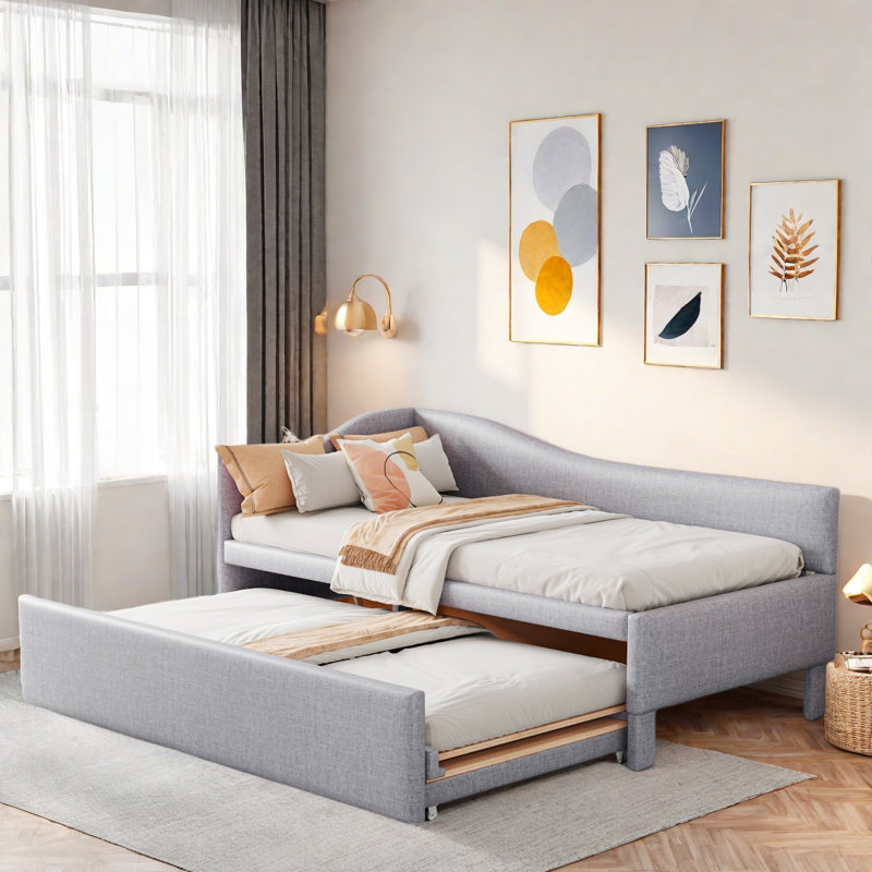 Upholstered L-shaped Upholstered Daybed With Pop Up Trundle, Gray