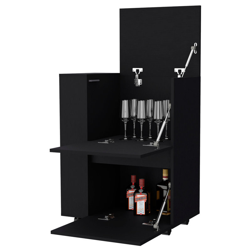Chariot-bar noir à 4 roulettes avec tablettes élégantes, Noir
