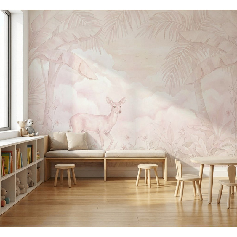 Papier peint pastel, paysage tropical, cerf, fauve, palmiers, 120 po x 96 po, Peler et coller