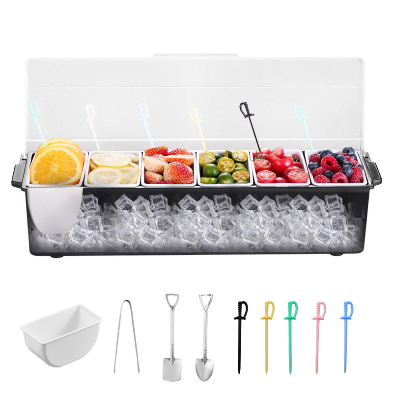 Chilled Condiment Server 6 Compartment Cold Serving Tray with Lid for Fruit
