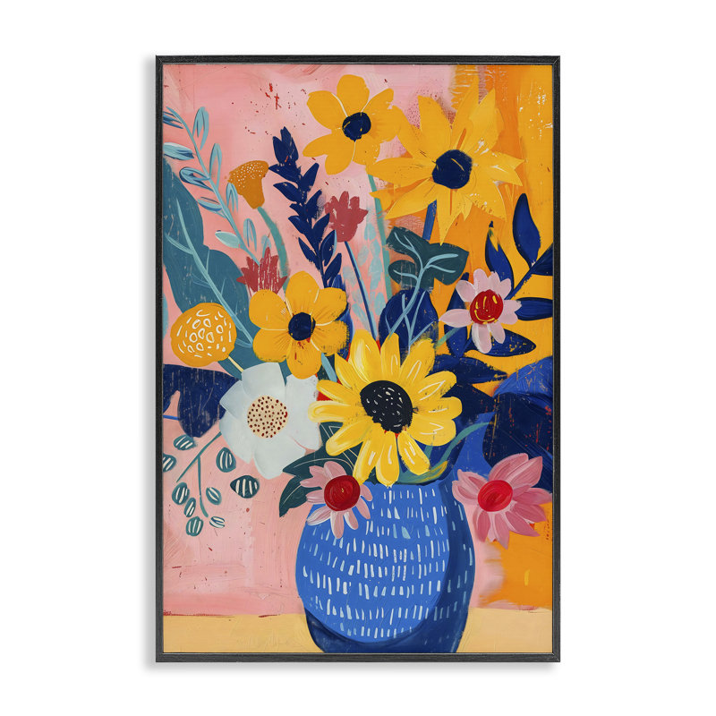 Vase floral coloré encadré, estampe numérique, design par LSR Creative Studio, H 18 po x l 12 po, Giclée encadrée noir minuit