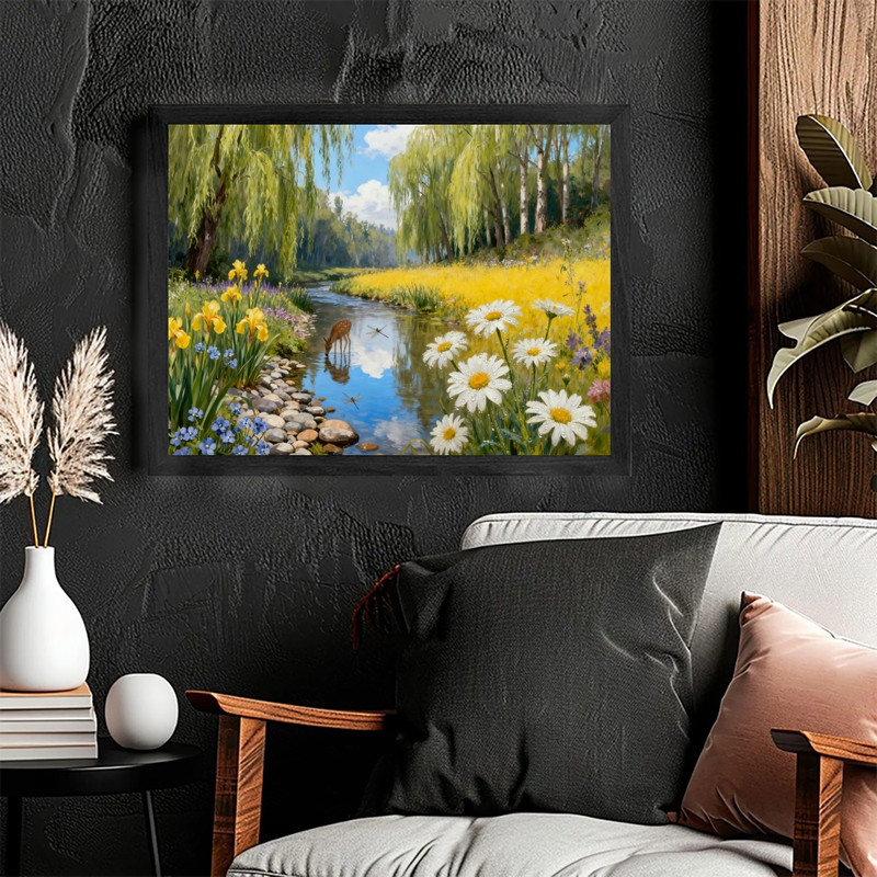Cerf noir et art floral, impression de paysage impressionniste, H 13 po x l 17 po